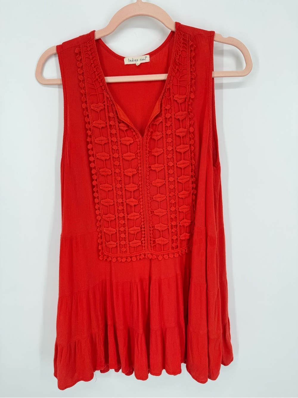 Indigo Soul Women's Large Red/Orange Sleeveless Crochet Trim Tiered Top Boho